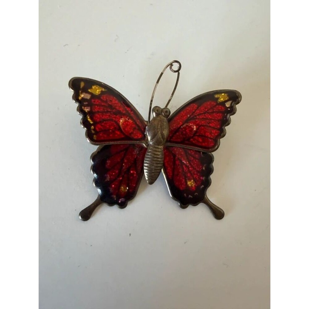 Vintage 1970s Red Enamel & Glitter Butterfly Brooch Pin – Made in Taiwan